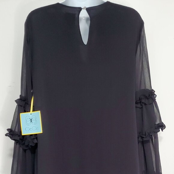 NWT- CeCE Ruffle Chiffon, Long Bell-Sleeve, Shift Dress- Rich Black- Small - Picture 8 of 11